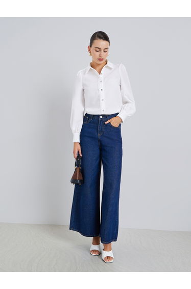 Women Off-White Lace Trim Long Sleeve Shirt