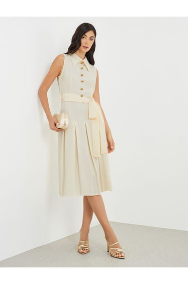 Plain Sleeveless Pleated A-Line Midi Dress with Tie Waist