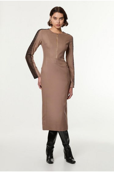 Petite Tailored Twill Lace Mix Zip Front Midi Dress