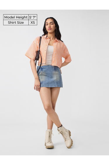Orange Striped Textured Crop Shirt