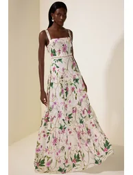 فستان ماكسي بتطريز بطبعة أزهار - 8