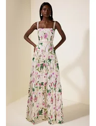 فستان ماكسي بتطريز بطبعة أزهار