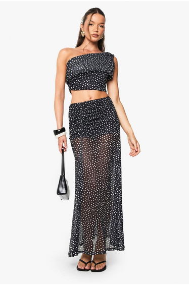 Polka Dot Mesh Off Shoulder Top - black