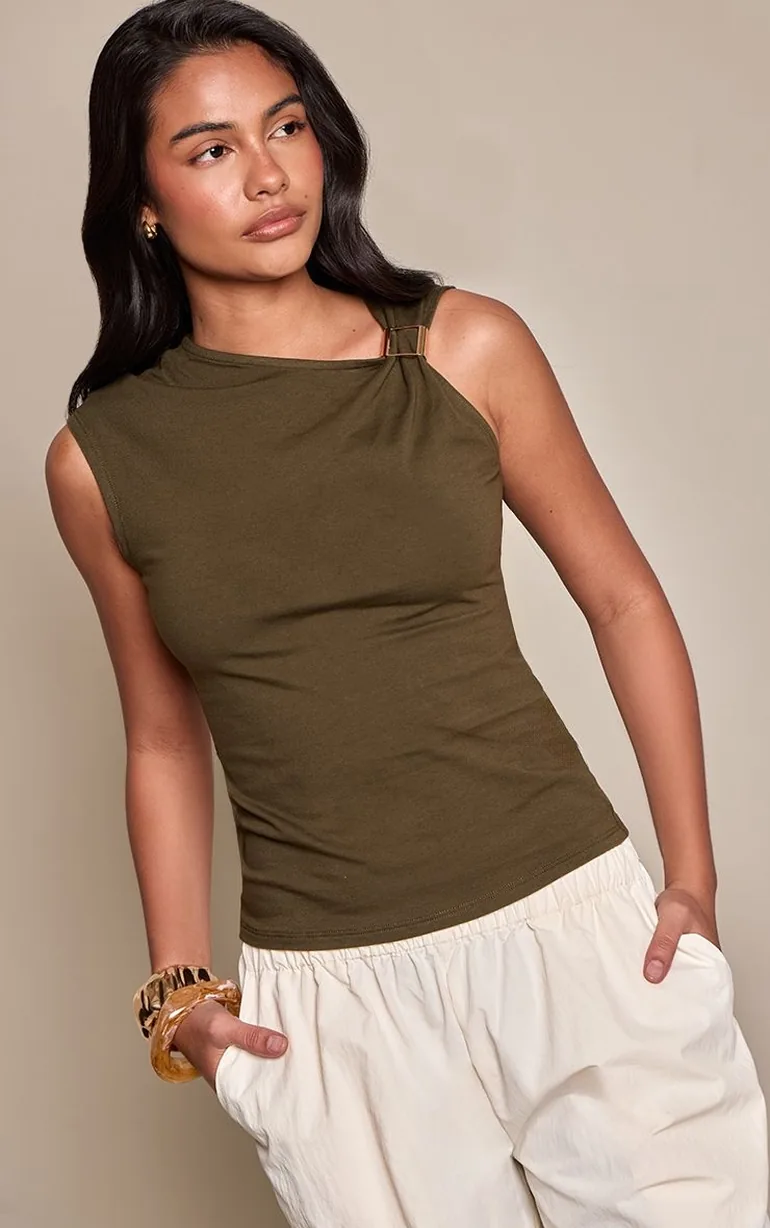 Dark Olive Cotton Trim Detail Top - 1