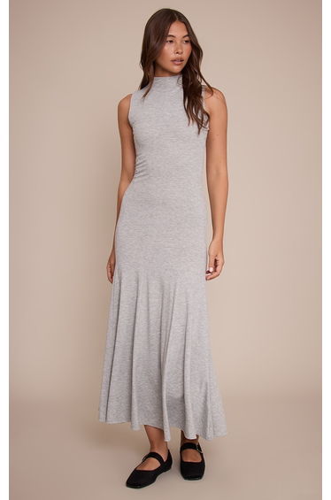 Grey Jersey Long Sleeve High Neck Maxi Dress
