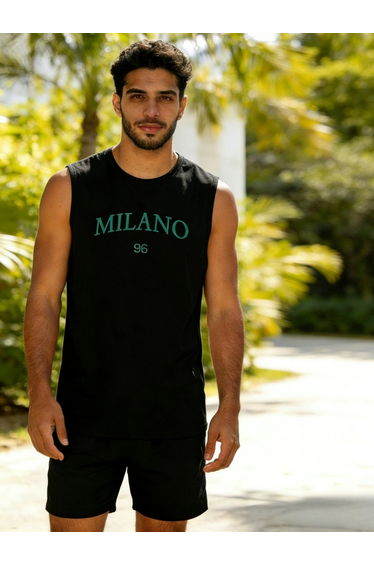 Men Black Text Print Round Neck Tank and Shorts Co-Ords