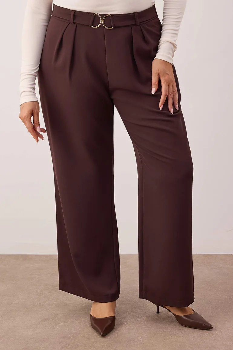Premium brown gold buckle detailed wide leg plus size pants - 2