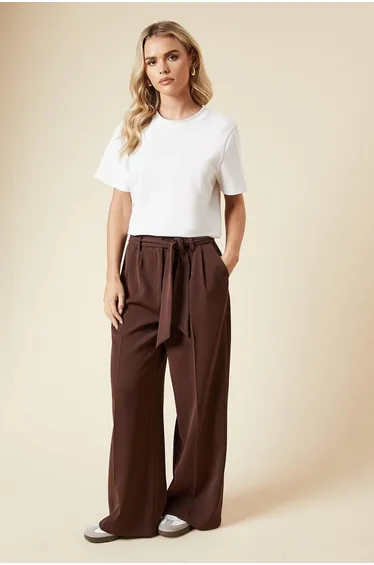 Petite Paperbag Belted Wide Leg Trouser