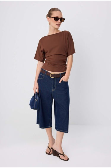Brown Plain Fitted Boat Neck Batwing Sleeve Three Quarter Sleeve Cotton Flexible Knitted T-Shirt