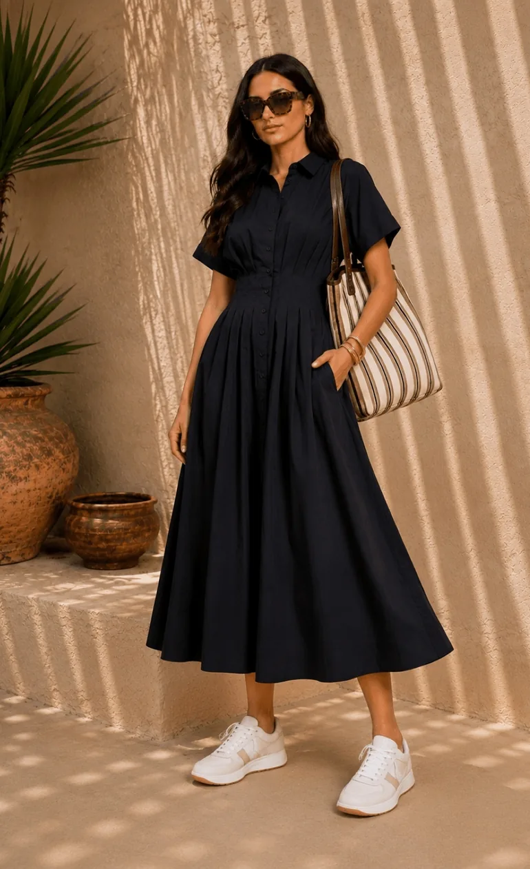 black cotton work dress Black Pleated Midi Dress Vintage Long Sleeve Classic