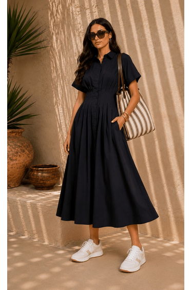 Black Cotton Linen Button-Down Midi Dress