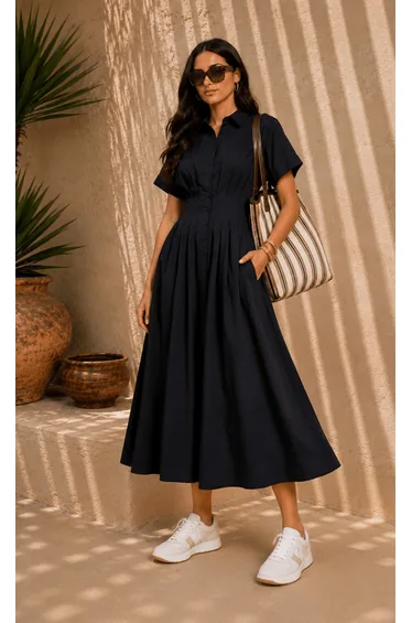 Black Cotton Linen Button-Down Midi Dress