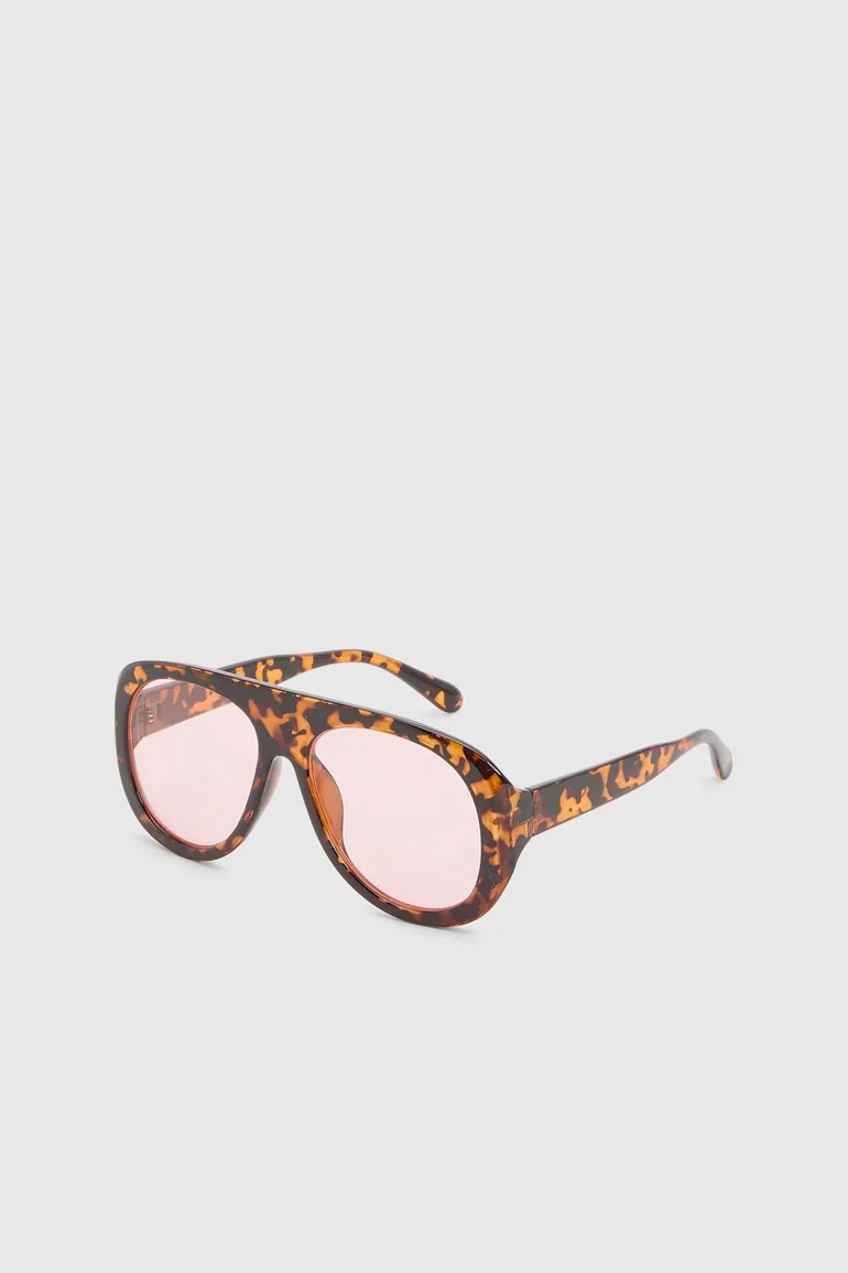 Pink Lens Chunky Aviator Sunglasses - brown - 1