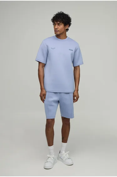 Embroidered Limited Edition Regular Fit Bonded Scuba T-Shirt & Slim Pintuck Short Set - dusty blue