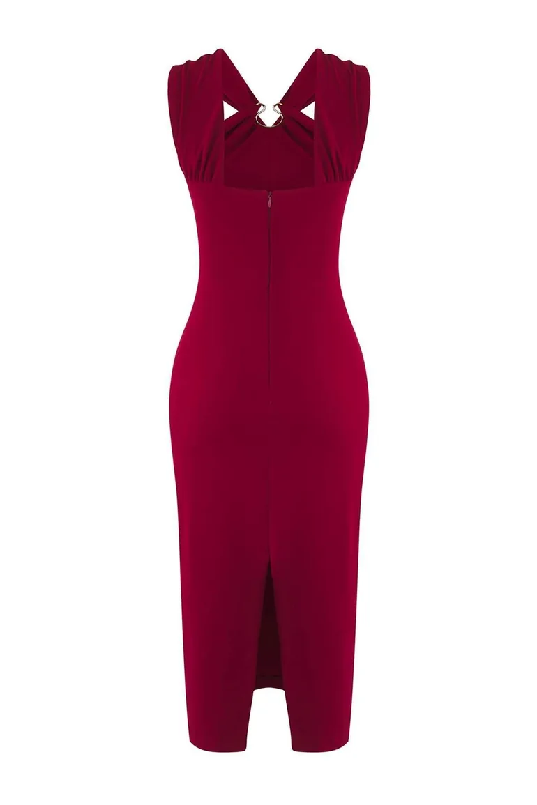 Burgundy Plain Accessory Detailed Woven Finike Midi Unlined Cocktail Dress - 1