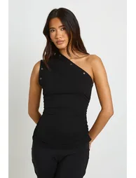 Eyelet Trim One Shoulder Ruched Top - black