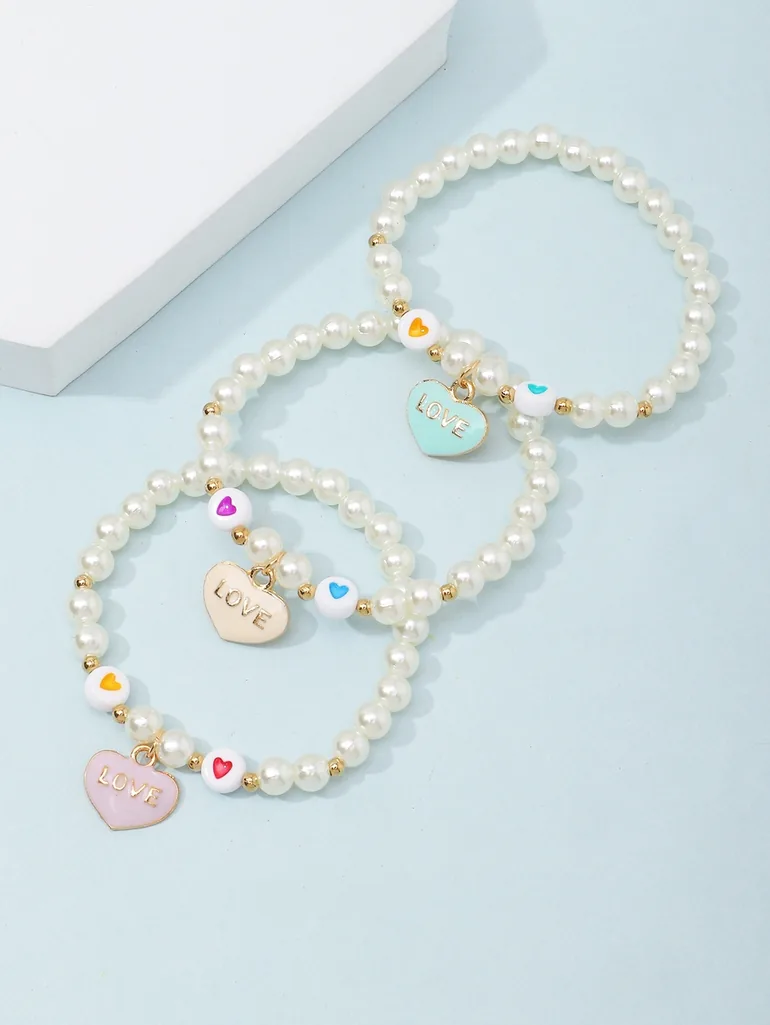 Pack of 3 - Multi-Color Pearl Beaded Bracelets with Colorful Heart Charms