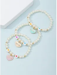 Pack of 3 - Multi-Color Pearl Beaded Bracelets with Colorful Heart Charms