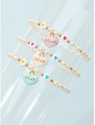 Pack of 3 - Multi-Color Pearl Beaded Bracelets with Colorful Heart Charms - 1