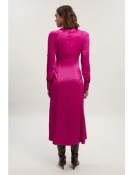 Viscose Satin V Neck Long Sleeve Woven Midi Dress - 2