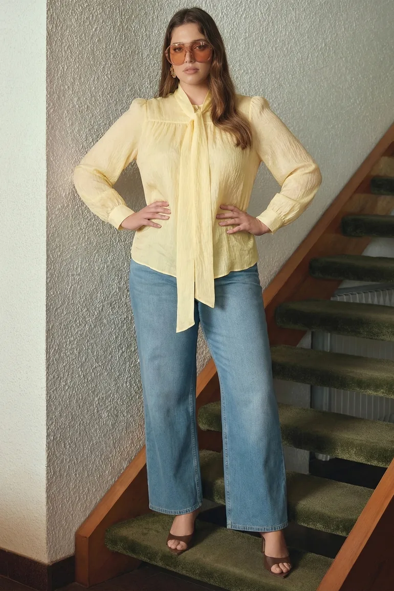 Yellow Tie-Dye Detailed Woven Plus Size Shirt