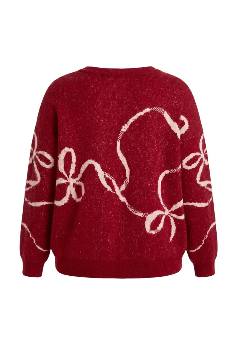 Red Christmas Themed Soft Textured Glitter Patterned Knitwear Sweater - 2