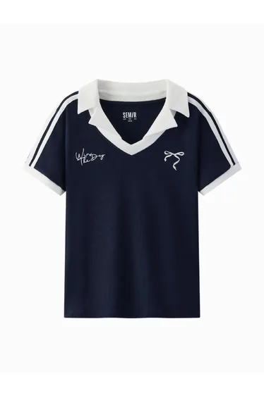 Women's Ribbed Contrast Collar T-shirt