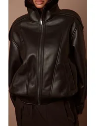 Black Faux Leather Aviator Style Coat - 2