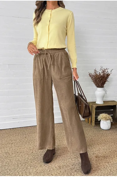 Lvness Parchment Tie Elastic Waist Soft Corduroy Pants