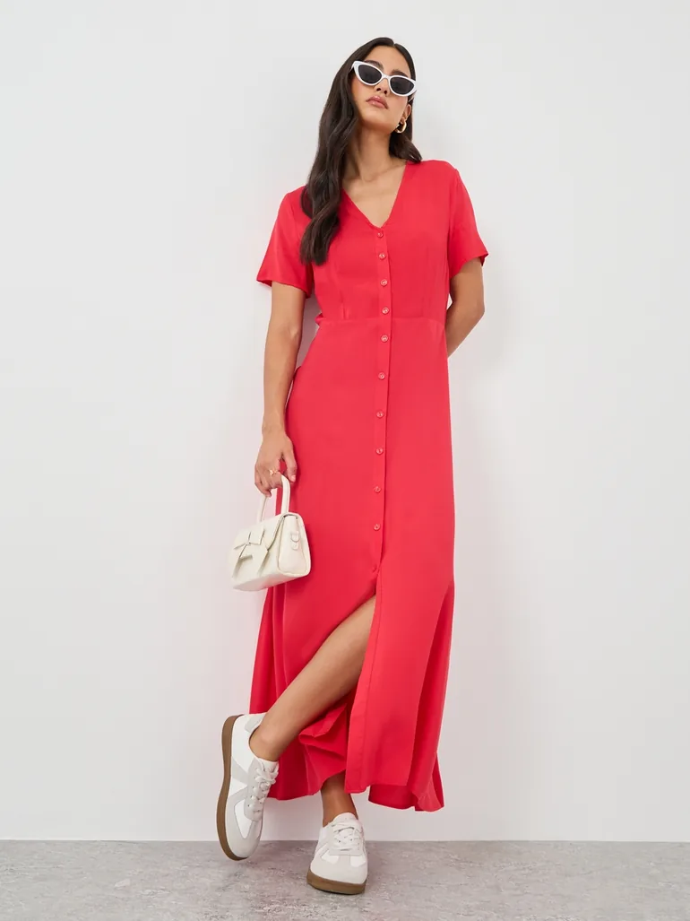 Solid Short Sleeves A-Line Maxi Dress