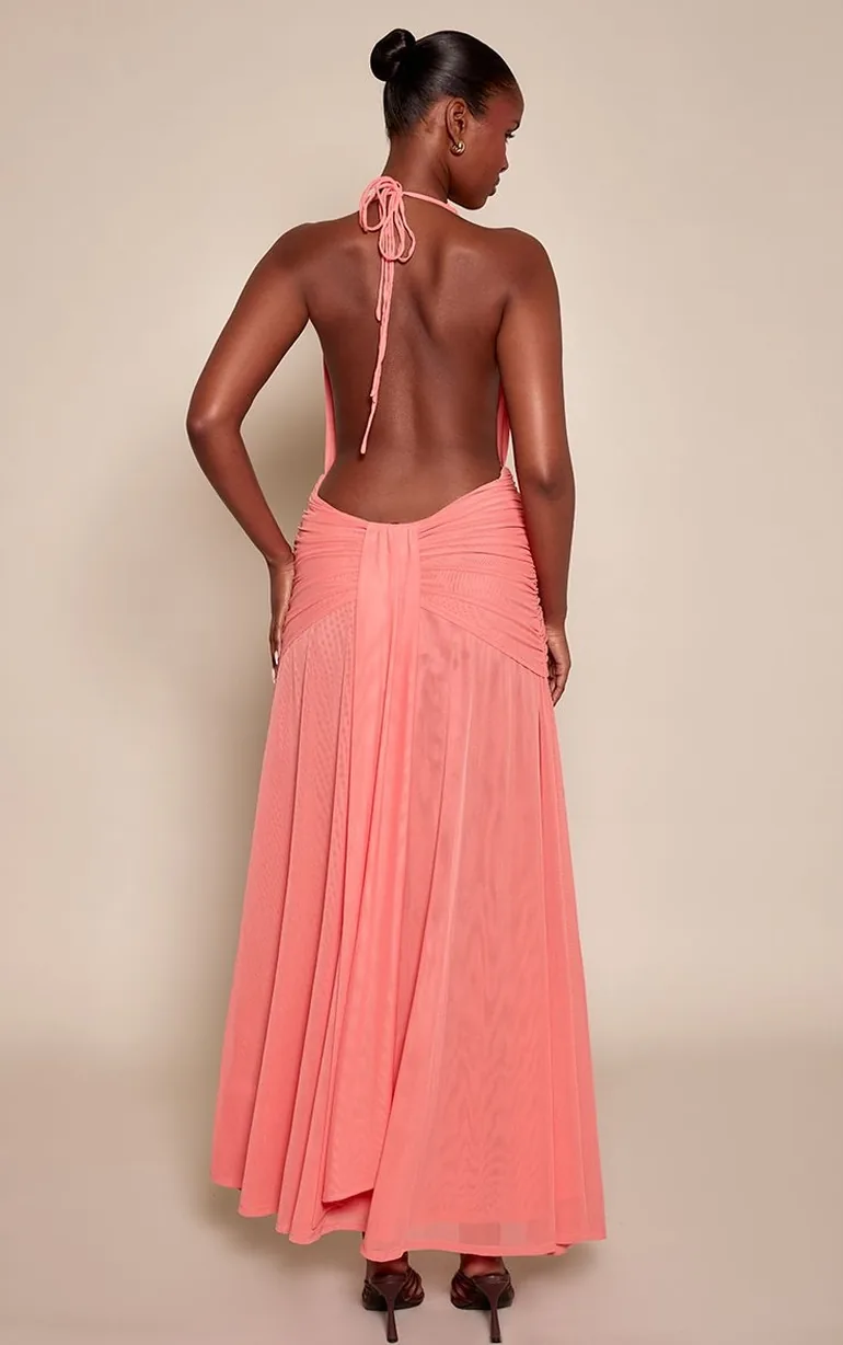 Apricot Mesh Cowl Neck Ruched Front Maxi Dress - 1