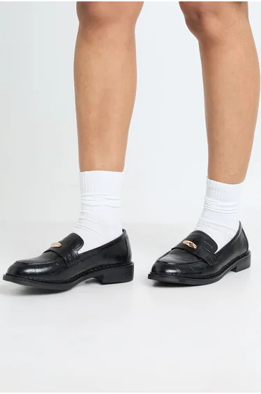 Wide Fit Trim Detail Croc Loafers - black