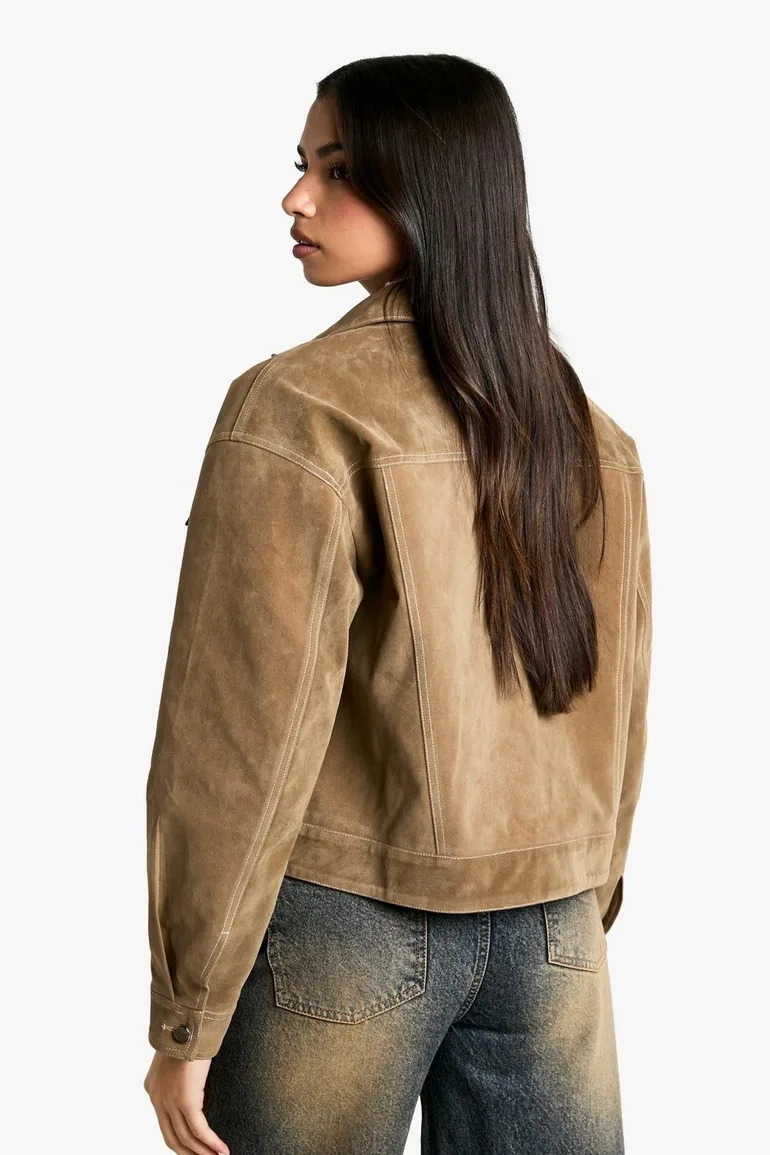 Suede Look Contrast Stitch Jacket - taupe - 2