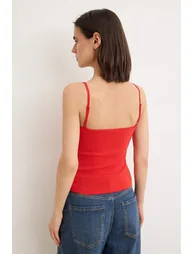 Black-Red Plain Fitted Pool Collar Spaghetti Strap Sleeveless P Cotton R Rib Knit Knitted Undershirt - 3
