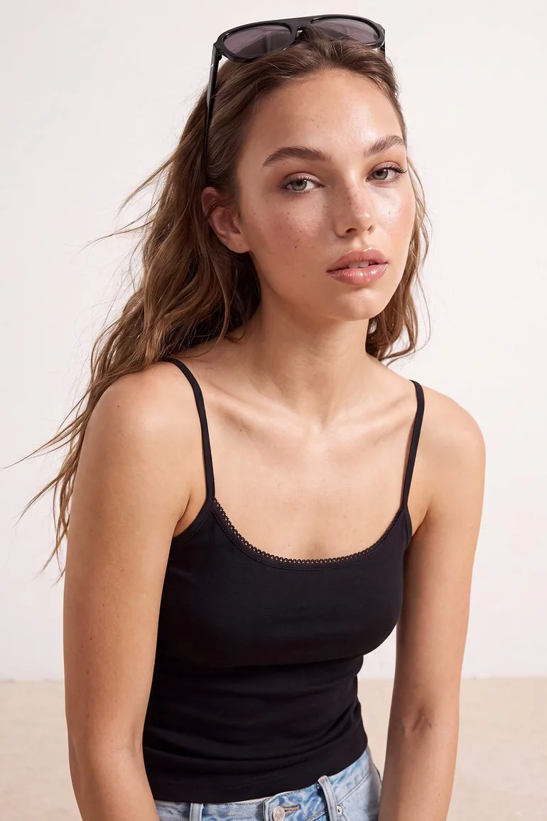 Black-Red Plain Fitted Pool Collar Spaghetti Strap Sleeveless P Cotton R Rib Knit Knitted Undershirt - 9