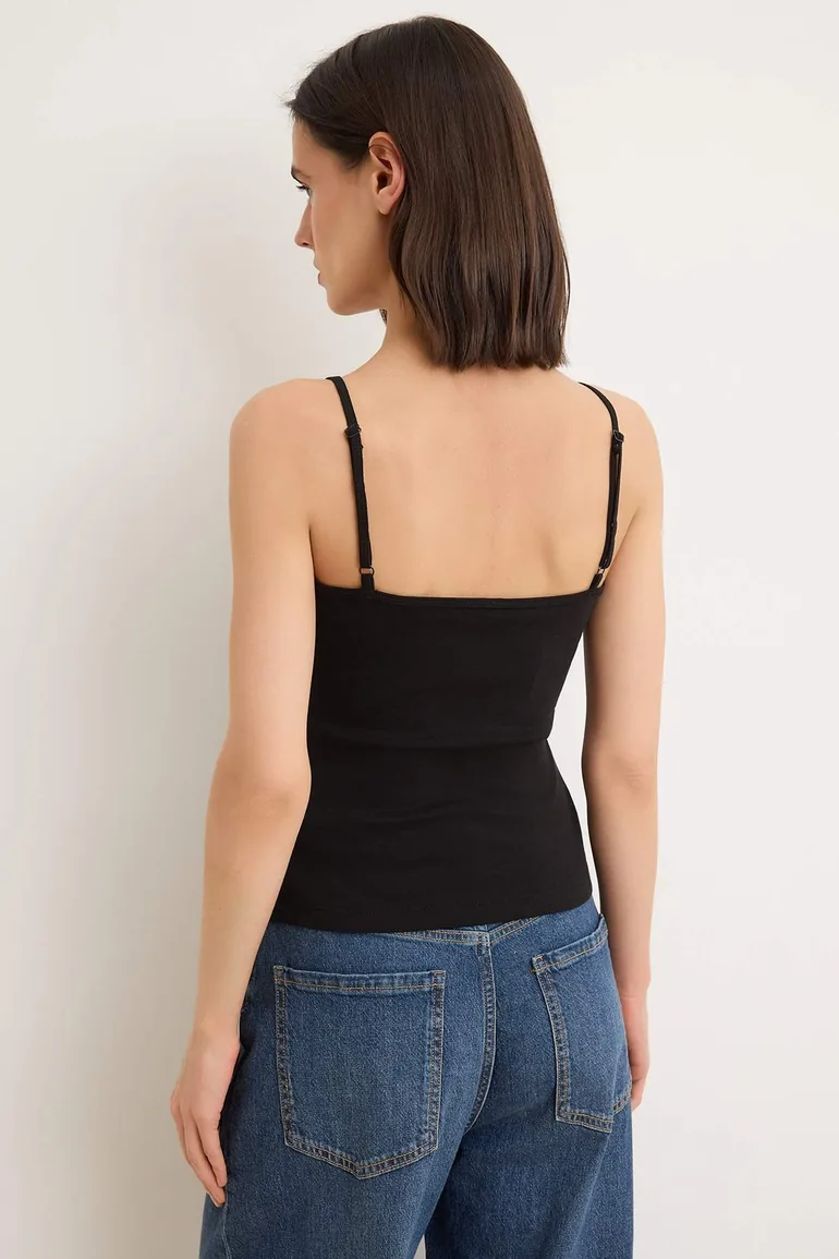 Black-Red Plain Fitted Pool Collar Spaghetti Strap Sleeveless P Cotton R Rib Knit Knitted Undershirt - 6