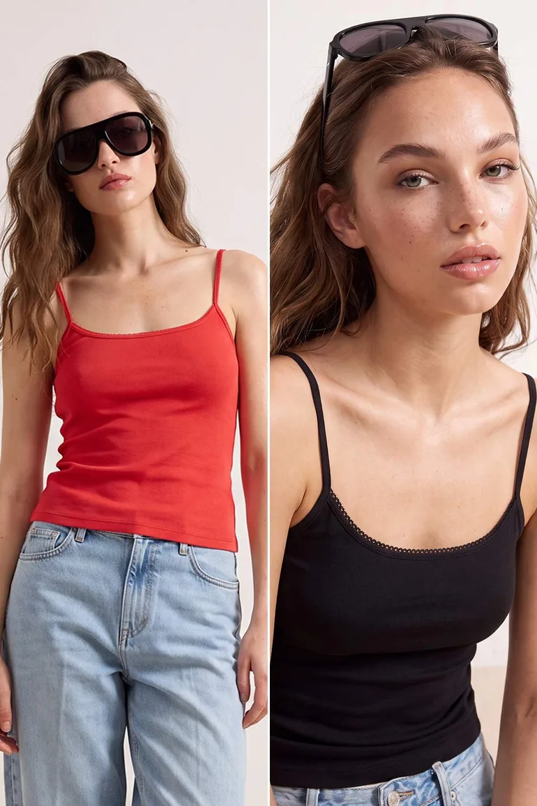 Black-Red Plain Fitted Pool Collar Spaghetti Strap Sleeveless P Cotton R Rib Knit Knitted Undershirt - 7