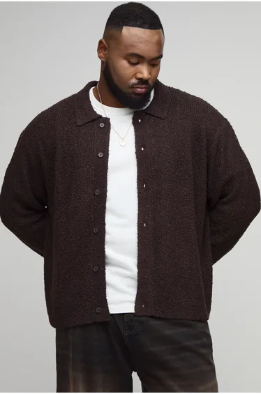 Plus Basic Boxy Brushed Knitted Shirt - dark brown
