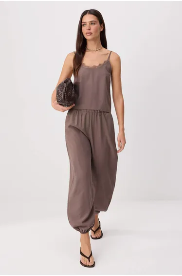 Brown Soft Buttoned Strap Blouse Shalwar Trousers Woven Bottom - Top Set