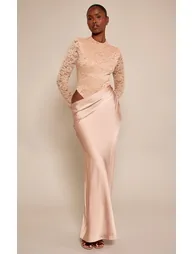 Taupe Lace Bodice Long Sleeve Satin Skirt Maxi Dress