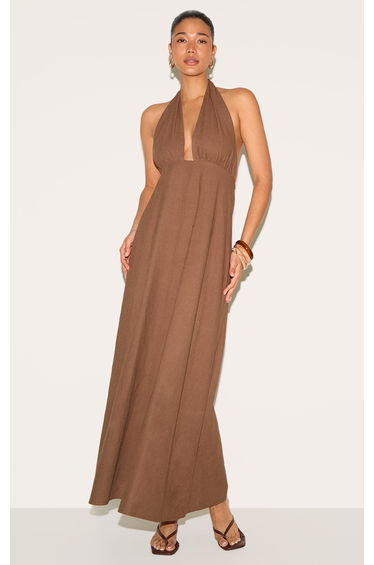 Taupe Plunge Halterneck Maxi Dress