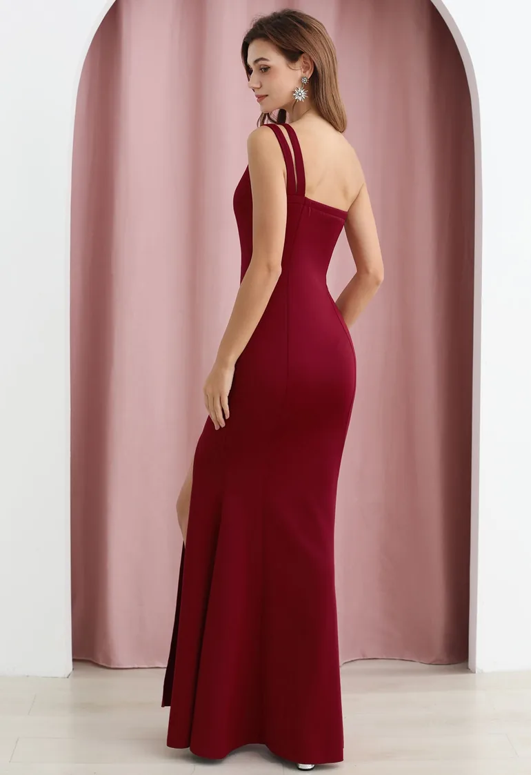 One-Shoulder Dual Strap Mermaid Gown in Burgundy - 4