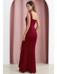 One-Shoulder Dual Strap Mermaid Gown in Burgundy - 4