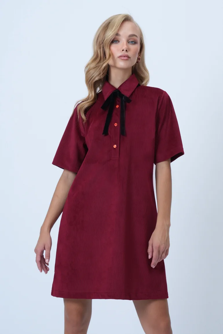 فستان قصير مخمل بياقة بولو بأزرار - أحمر - 4
