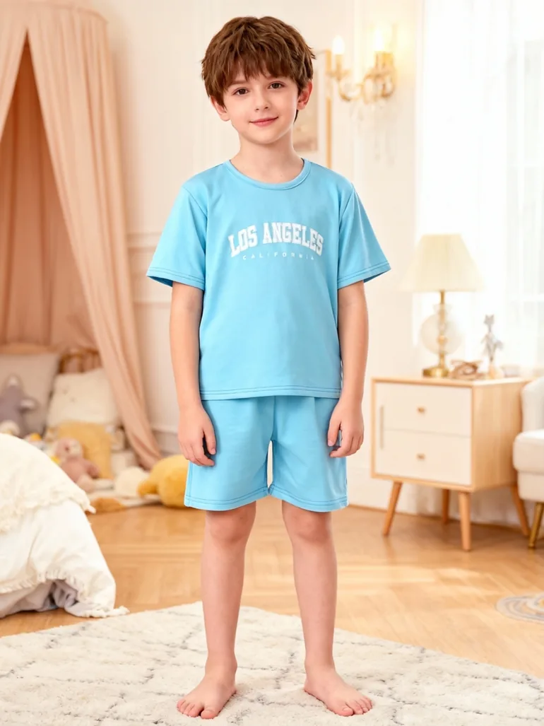 Boys Blue Slogan Print T-Shirt and Shorts Pyjama Set