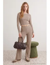 Multi-Colored Striped Fitted/Skin-Fitting Wide Leg Soft Stretch Knitted Bottom - Top Set