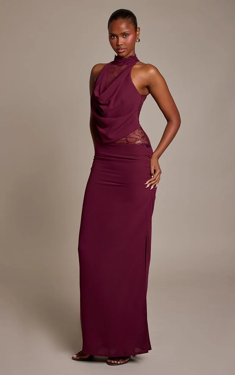 Chocolate Plum Chiffon High Neck Lace Panel Maxi Dress