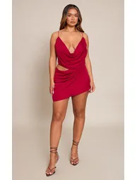 Shape Burgundy Chiffon Drape Cut Out Mini Dress - 2