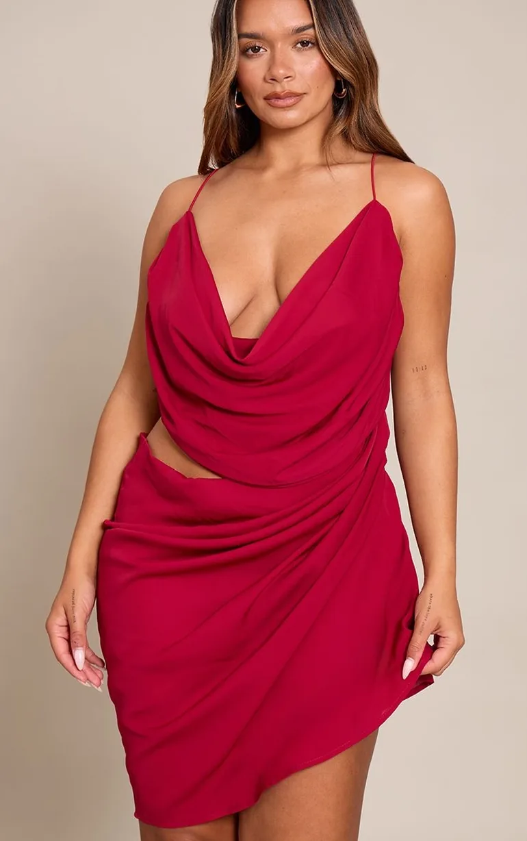 Shape Burgundy Chiffon Drape Cut Out Mini Dress - 5