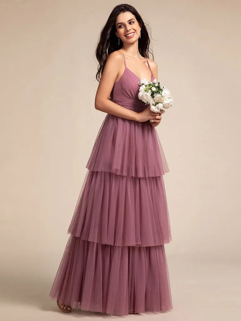 Tiered Spaghetti Strap Tulle Maxi Bridesmaid Dress - 2